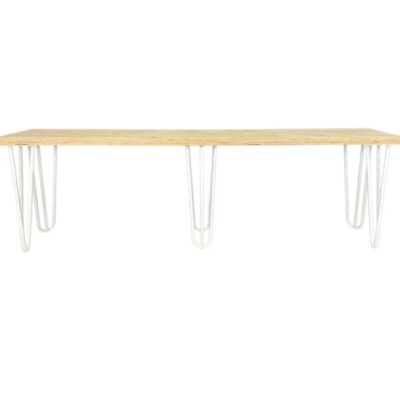 Timber bench seat with white metal hairpin legs